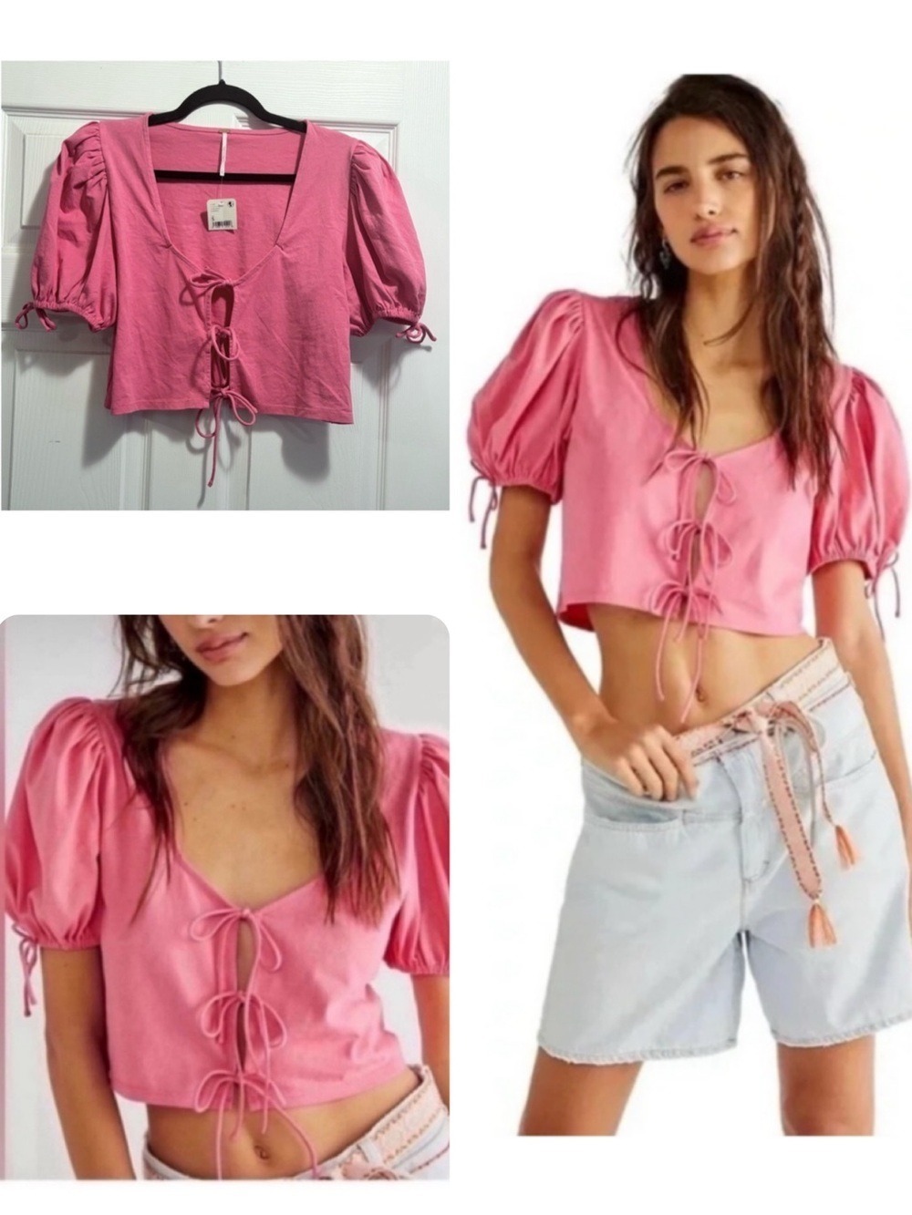 NWT FREE PEOPLE Kitty Tee Velvet Rose Pink Puff Sleeve Tie-Front Top Size Small